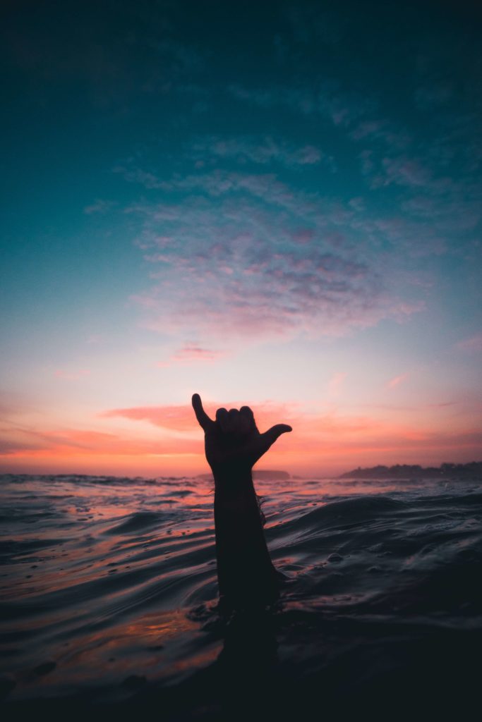 silhouette of hand emerging from water in front of sunset