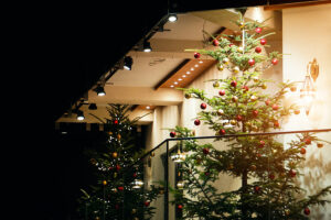 two Christmas trees on balcony at night